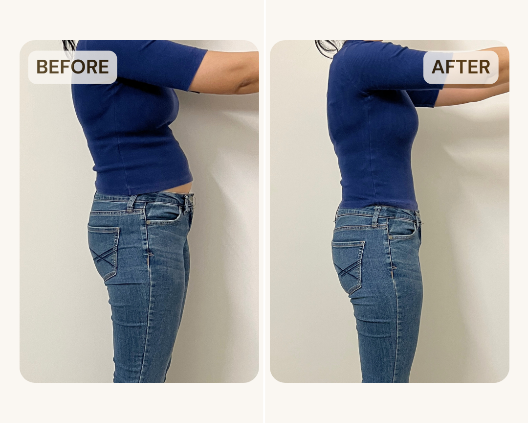 Before and after comparison of a person wearing kore shapewear under a blue sweater and jeans on a white background.