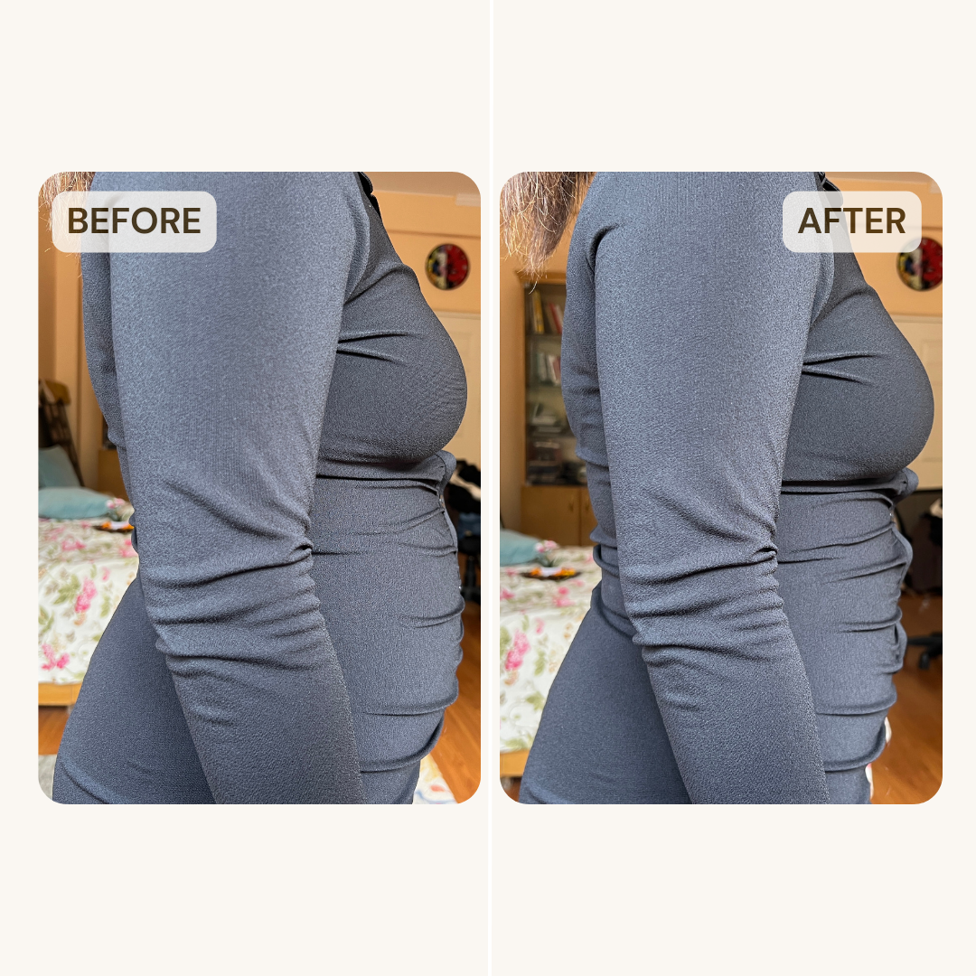 Before and after comparison of a person wearing kore shapewear under a gray long-sleeve shirt.