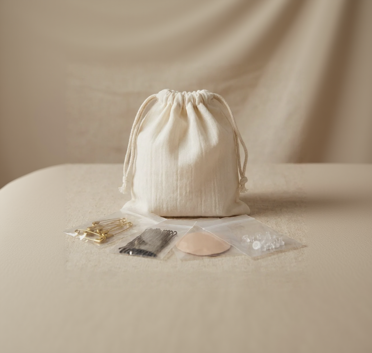 Beige drawstring bag with fashion supplies on a beige fabric background
