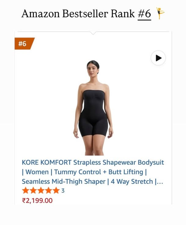 Kore Komfort screenshot for its black strapless shapewear bodysuit as 'Amazon Bestseller Rank #6'.