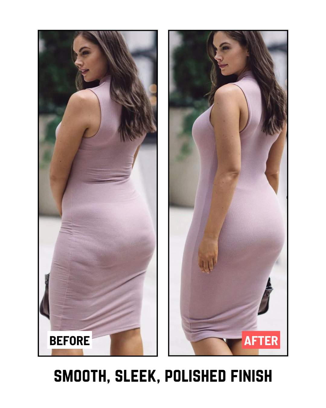 Lady wearing a dress with and without shapewear