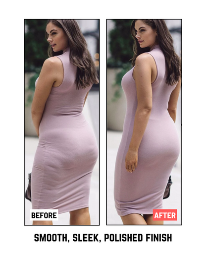 Lady wearing a dress with and without shapewear